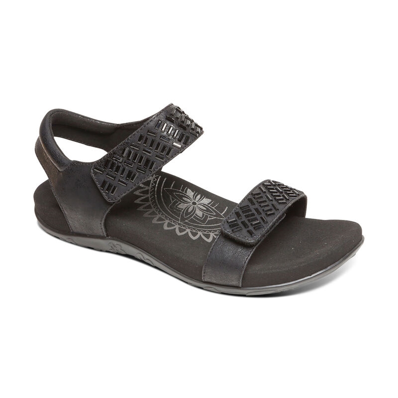 Black Aetrex Marcy Adjustable Quarter Strap Women's Sandals | XDHPA-8750